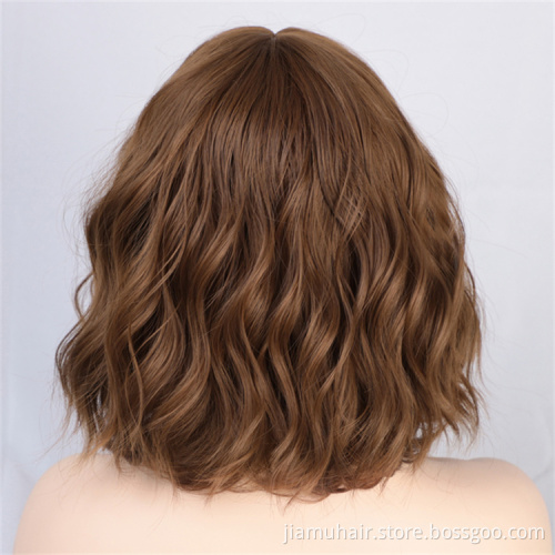 Short Wig with Bangs Water Wave Synthetic BOBO Wigs for Women Pink Lolita Cosplay Female Daily False Hair